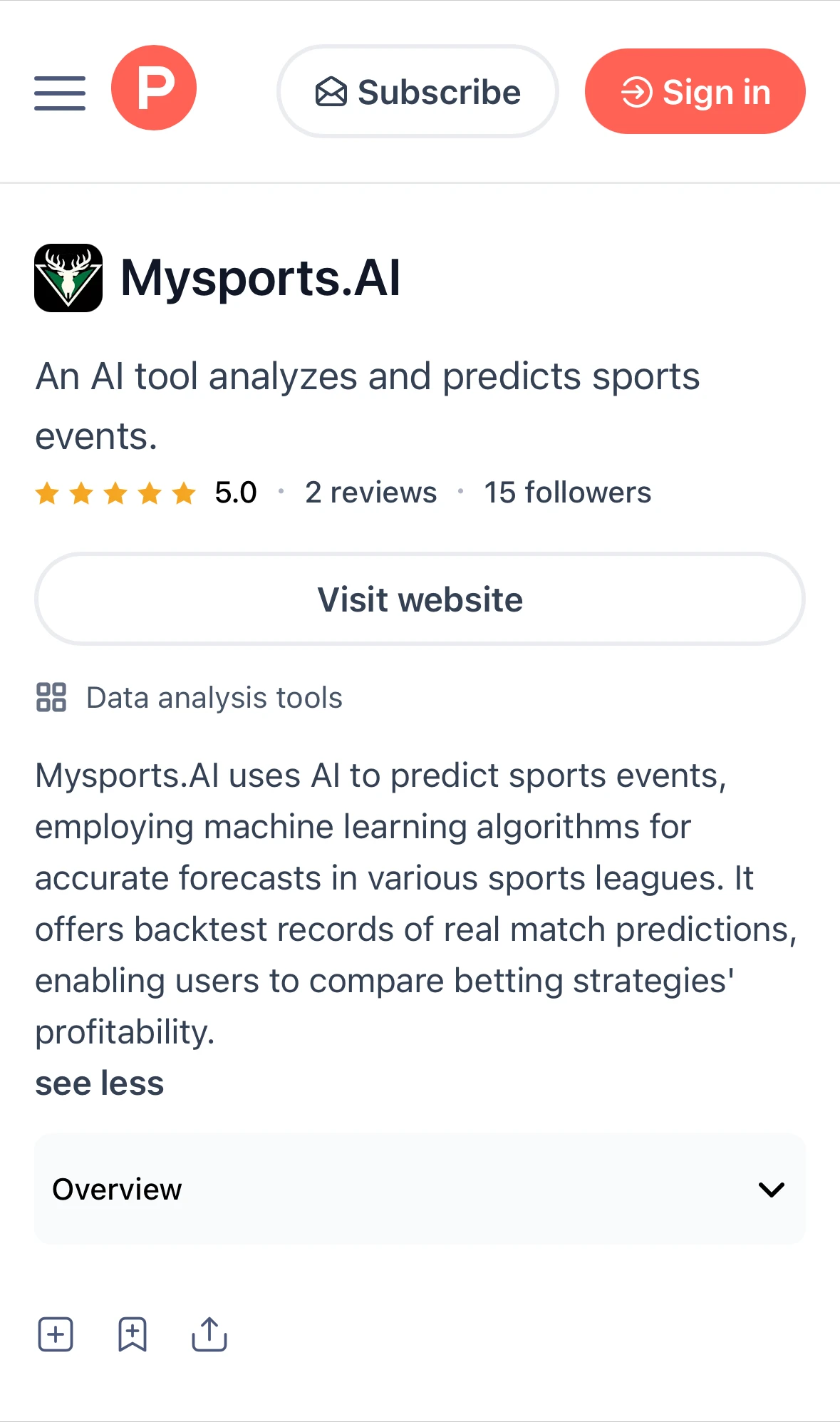 Mysports.AI 在 Product Hunt 的工具頁面介紹,展示 AI 體育賽事分析與預測功能、評分與使用者評論資訊。