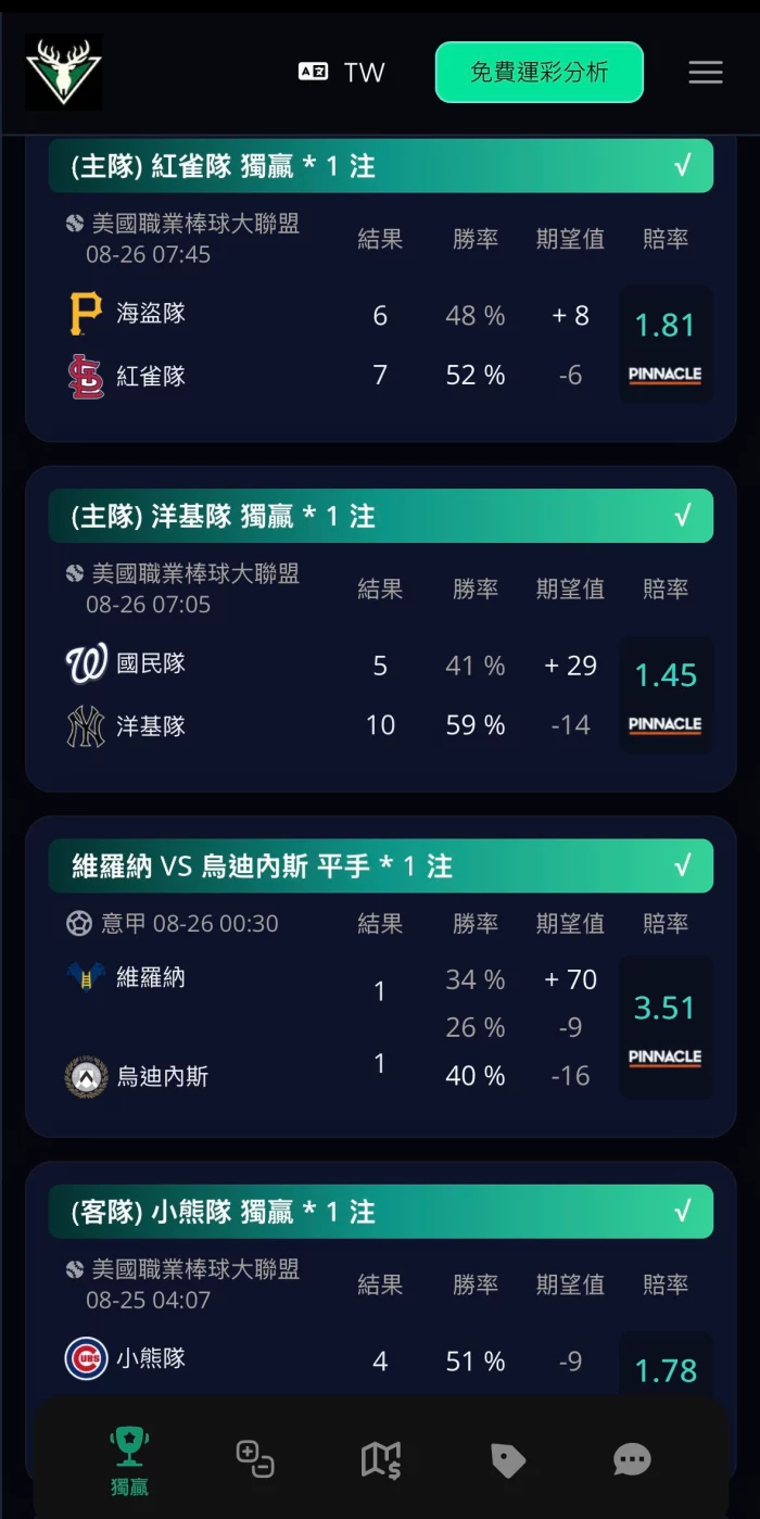 Mysports.AI 棒球運彩預測與比賽獲勝結果,展示紅雀隊與洋基隊的投注紀錄