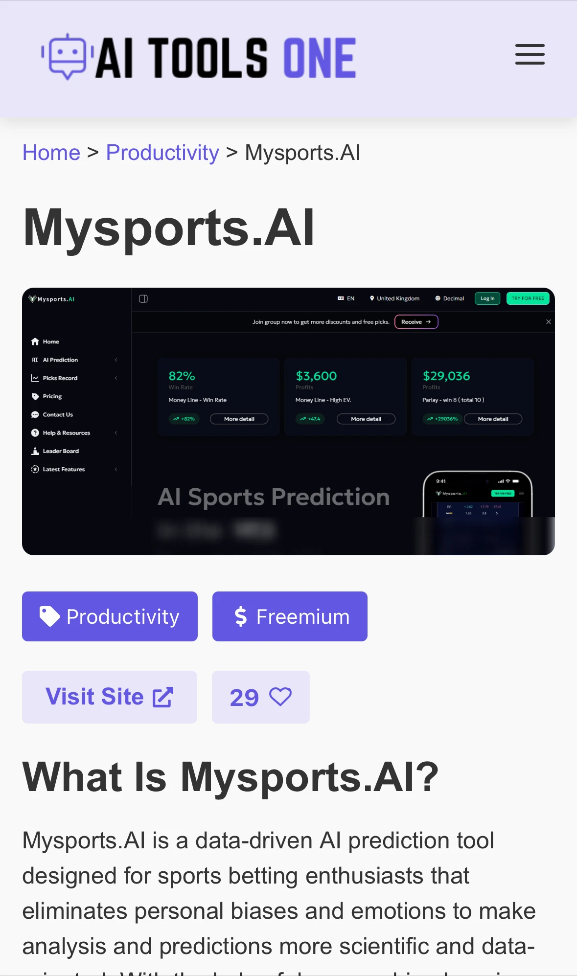 Mysports.AI 在 AI Tools One 平台的工具介紹頁面,提供 AI 體育比賽預測、勝率分析與後測紀錄功能。