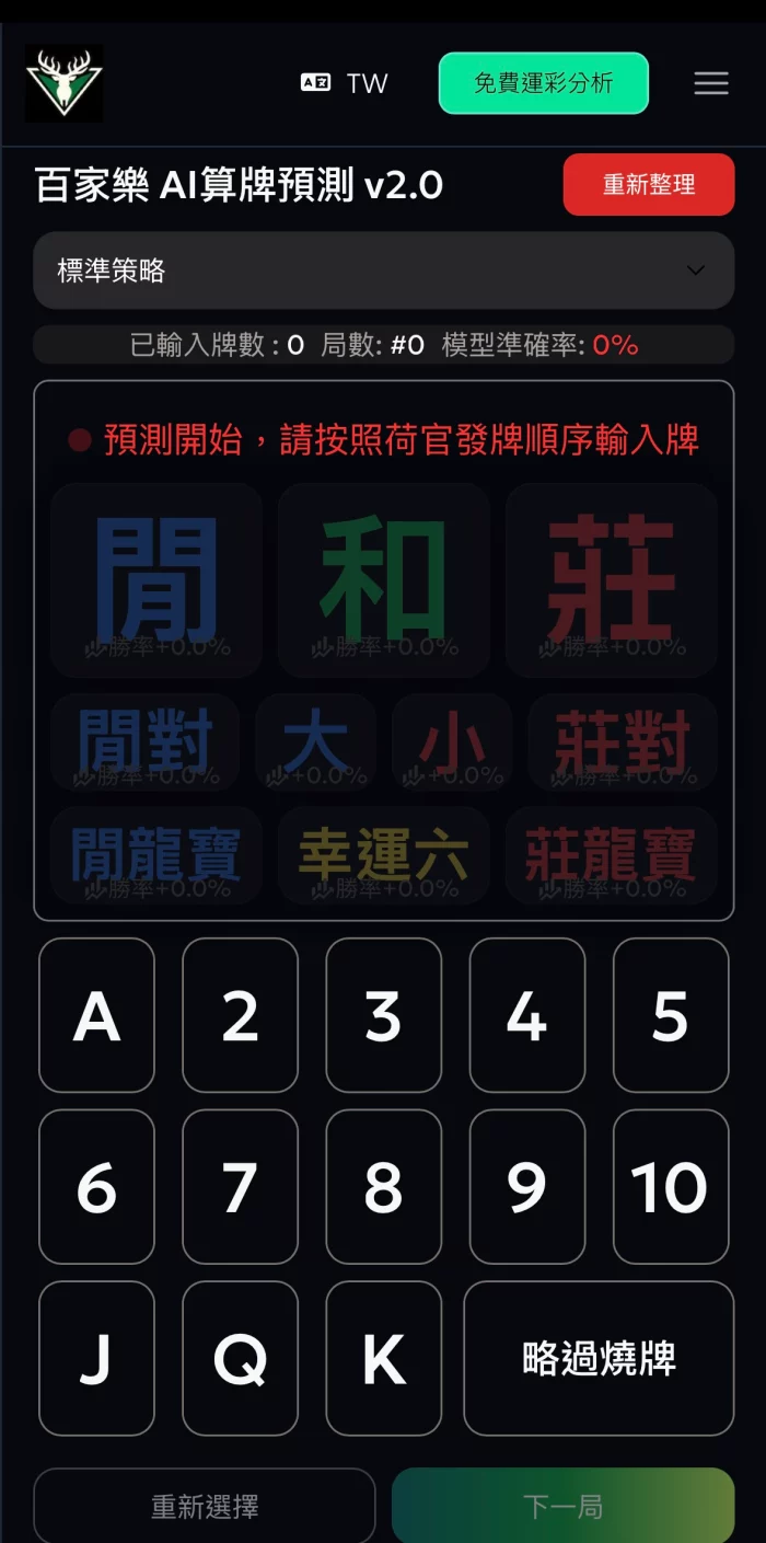 Mysports.AI 百家樂 AI 算牌預測工具 v2.0,提供莊閒和各種投注選項的勝率分析